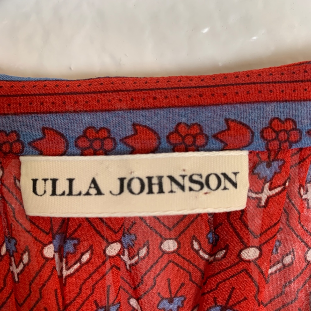 Ulla Johnson Silk Ruffle Top Blouse Womens Size 2 Red Floral Tassel Tie Sheer - Picture 3 of 14